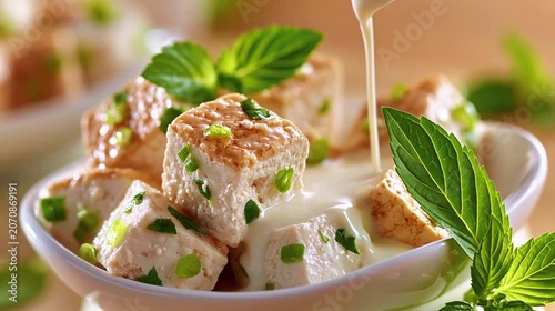 Fresh cheese cubes drizzled with sauce and garnished with mint leaves  