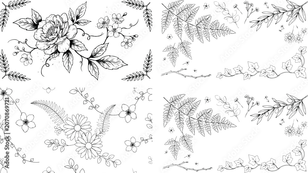 Fototapeta premium Detailed floral and botanical elements set including borders frames and sketches of ferns and flowers perfect for scrapbooking and elegant card creation.
