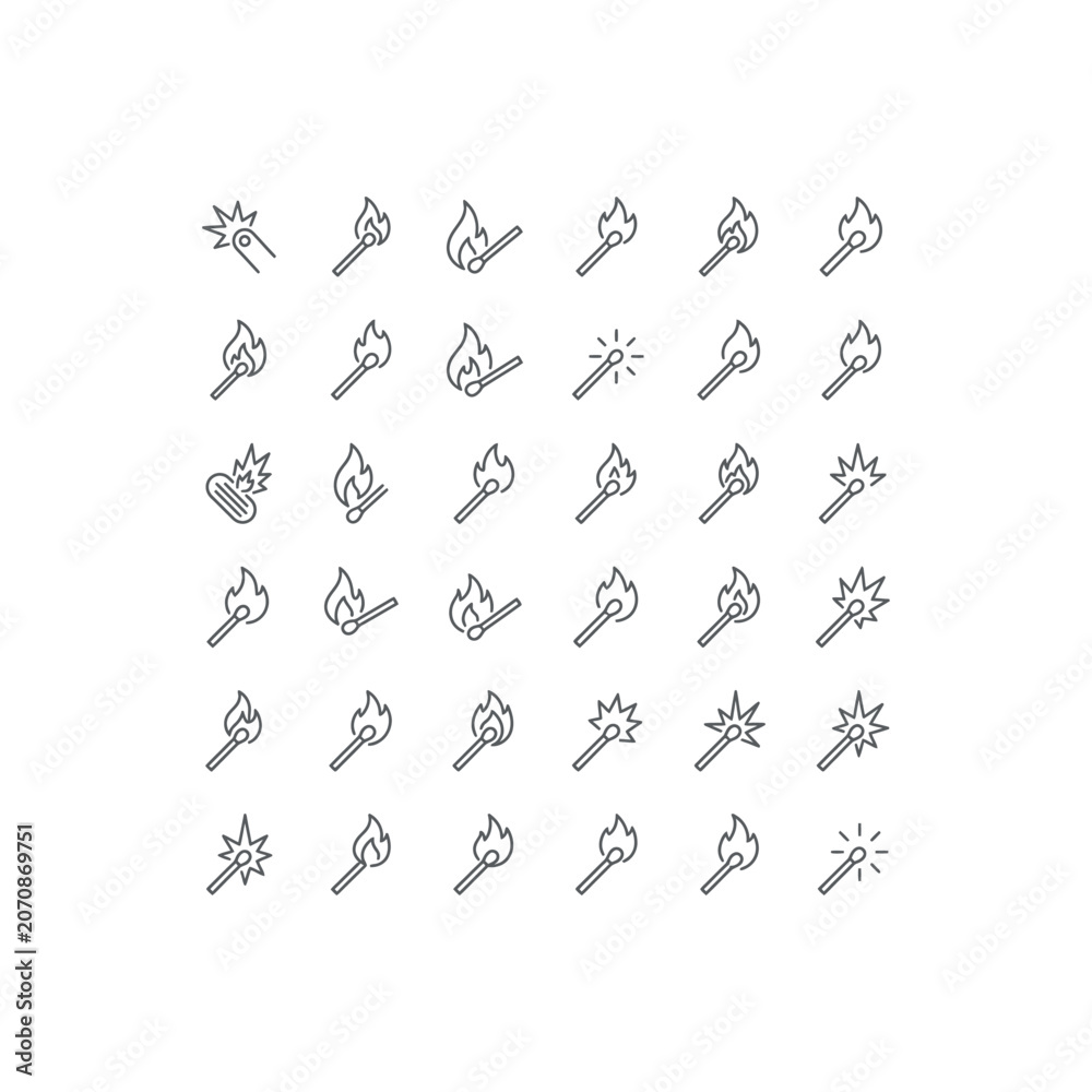 Obraz premium Fire Match Icons Set: Ignition, Flame, Spark - Vector Illustration