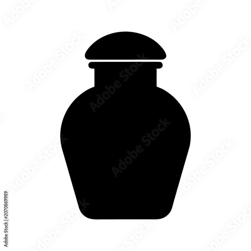 Black silhouette of an antique glass jar with lid on white background.