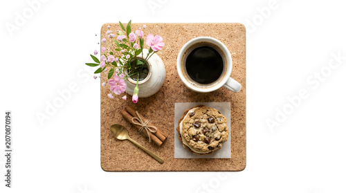 Coffee cup cookie and flowers on cork tray with gold spoon and cinnamon sticks transparent background