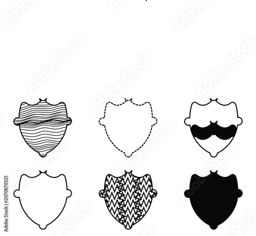 Classic Shield Crest Icon Set, Medieval Security Badge Shapes Vector Illustration with Patterns and Outlines