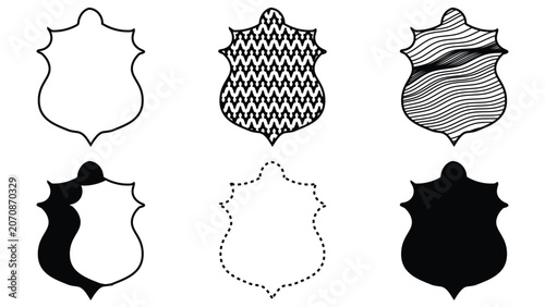 Shield Badge Icon Set, Heraldic Crest Shapes Vector Illustration with Patterns and Outlines