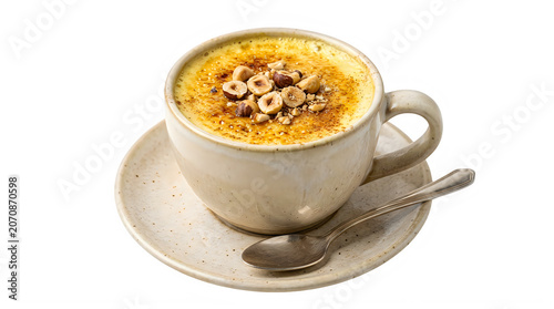 Delicious creme brulee coffee in ceramic mug with hazelnuts on top and metal spoon transparent background