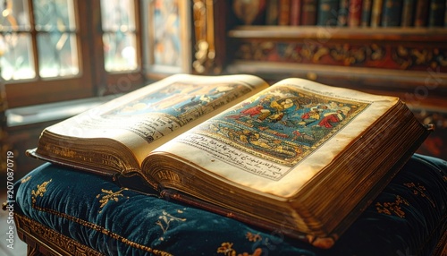 Detailed illumination of an ancient manuscript open to ornate pages, showcasing intricate artistry and historical text.
