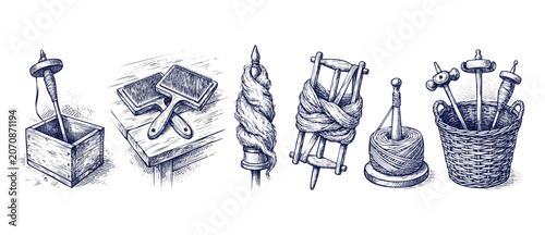 Vászonkép Vintage spinning tools sketch illustration of traditional wooden drop spindle, wool carders, yarn niddy noddy, roving on distaff, and wicker basket for historical fiber crafting, engraving style arts