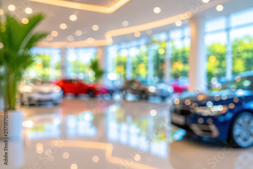 Blurred car showroom dealership interior luxury vehicle transport auto business retail exhibition hall modern automobile bokeh background