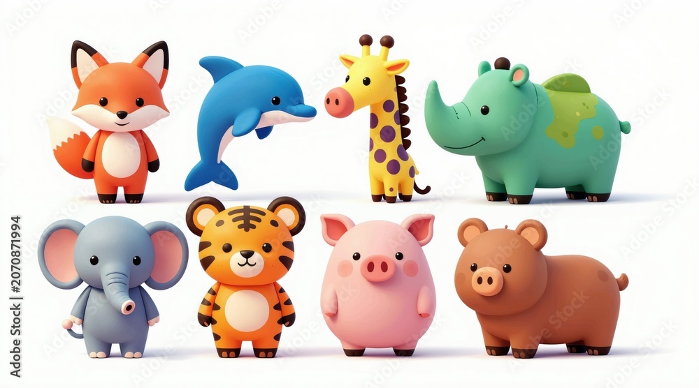 Fototapeta premium Cute cartoon animal figurines arranged together. Includes fox, dolphin, giraffe, rhino, elephant, tiger, pig, bear. Isolated on white background.