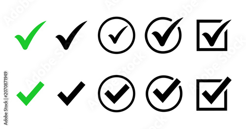 Foto check mark icon set, green and black tick yes symbols vector