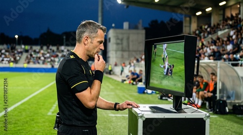 Football referee reviews VAR decision on pitchside monitor