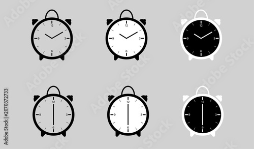Slika na platnu Clock icon set with analog clocks, alarm clocks, timer symbols, and multiple time variations in black, white, and gray styles arranged as a collection of timekeeping icons