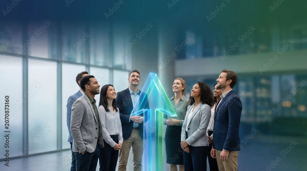 Obraz premium Businesspeople diverse group looking up at glowing success arrow in modern office building