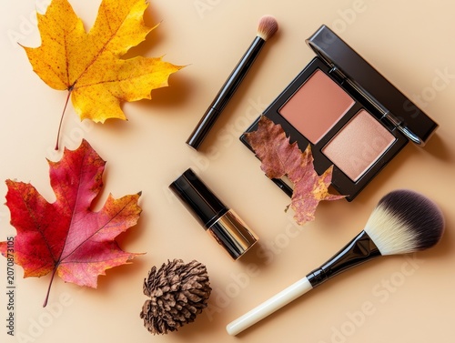 Makeup and beauty items with fall leaves on a light brown background. It's all about fall skin and makeup!
