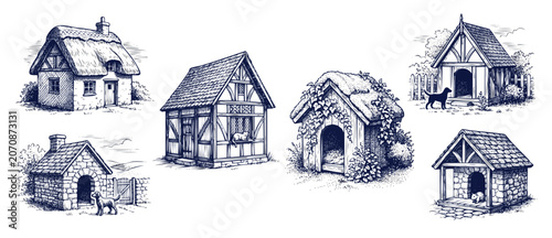 Obraz na plátně Vintage cottage dog house illustrations featuring rustic wooden kennels and medieval timbered houses on white background in a detailed hand drawn engraving and ink sketch style for old retro themes