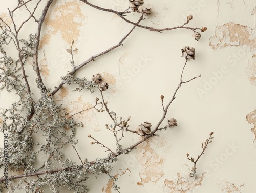Nature scene with lichen, pine, and dry twigs on a beige background. Good for showcasing beauty products and branding. Space for text.
