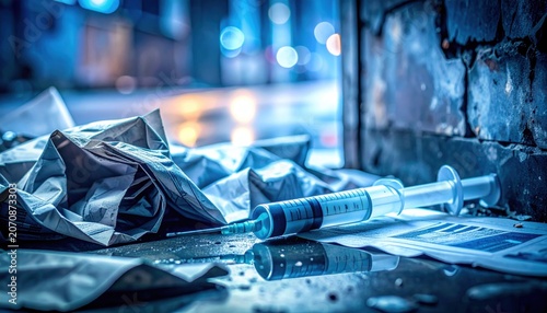 Discarded medical syringe with crumpled paper on a gritty urban surface