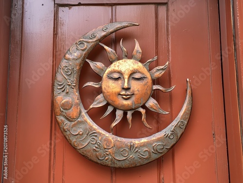 Old-style metal art on the front door. A classic metal piece that looks nice on the door.
