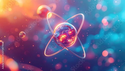 Fiery atom model illustration with orbiting electrons and cosmic nebula background