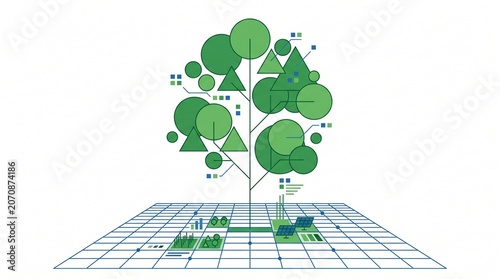 Minimalist flat vector illustration of a geometric tree growing from a digital data grid with charts, representing sustainable growth and green data analytics