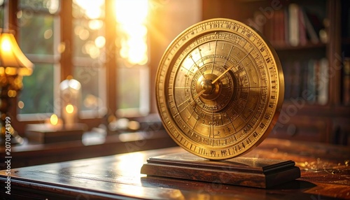 Gleaming Brass Astrolabe on a Wooden Surface Illuminated by Sunlight in a Study