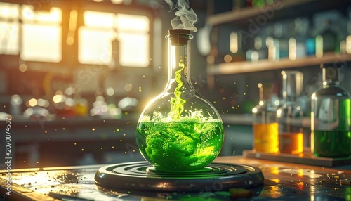 Glowing green liquid bubbling energetically in a glass laboratory flask with rising steam