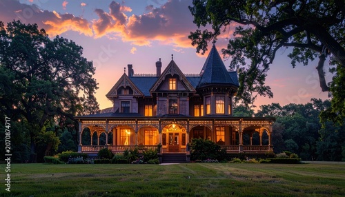 Grand Victorian Mansion Bathed in Sunset Glow