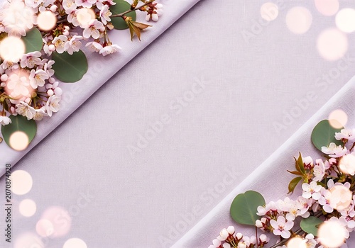Spring Cherry Blossoms Framing Textured Lavender Fabric with Golden Bokeh