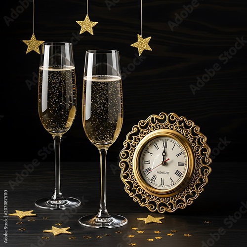 Elegant Champagne Glasses Beside Ornate Gold Clock Striking Midnight Celebration