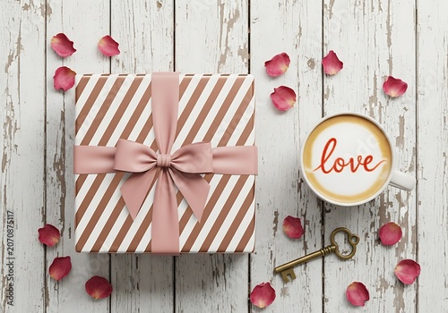 Romantic Striped Gift Box and Love Latte Flat Lay Arrangement