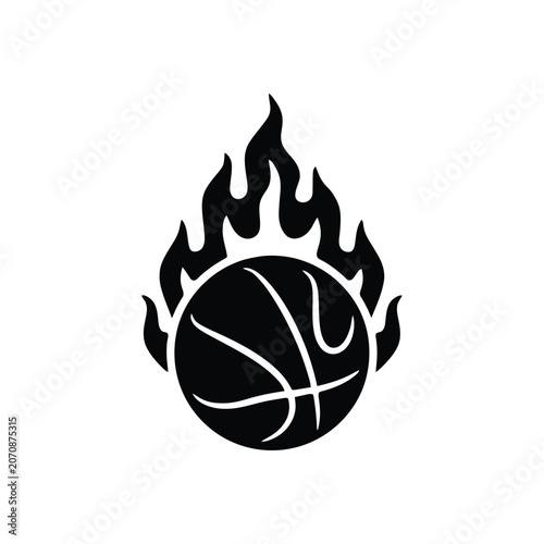 Basketball engulfed in flames silhouette black and white graphic