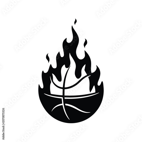 Basketball engulfed in flames black silhouette on transparent background