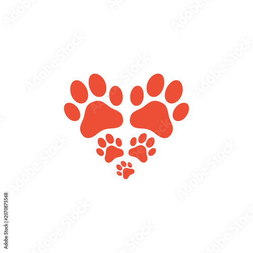 Heart shaped arrangement of paw prints flat vector illustration