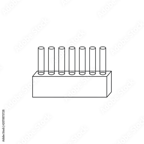 Test tube rack with cylindrical tubes black line drawing on white background