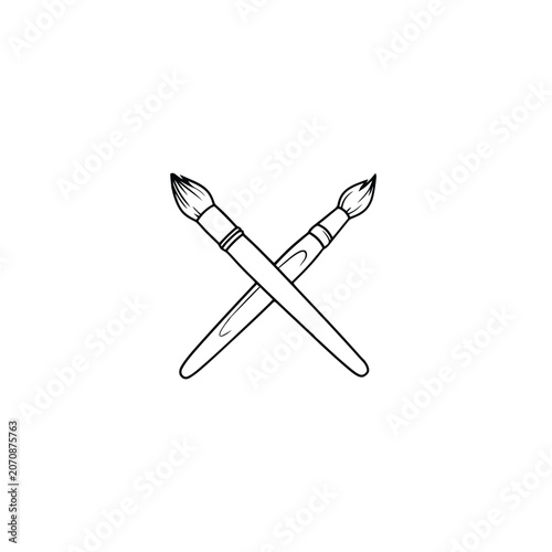 Crossed Paintbrushes Black and white Line Art Illustration