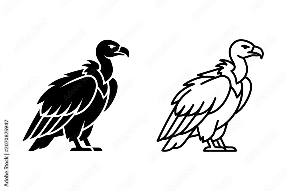 Fototapeta premium Stylized black and white illustrations of a vulture standing on white background