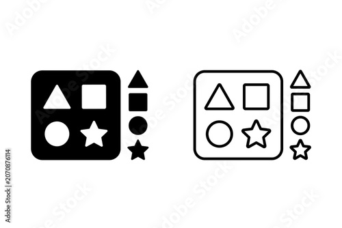 Shape sorter toy with triangle, square, circle, and star icons in solid and outline styles