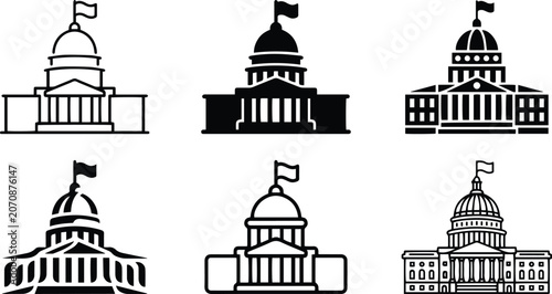 Government capitol building dome landmark icon set representing historic washington architecture state courthouse congress administration department municipality supreme court political graphic