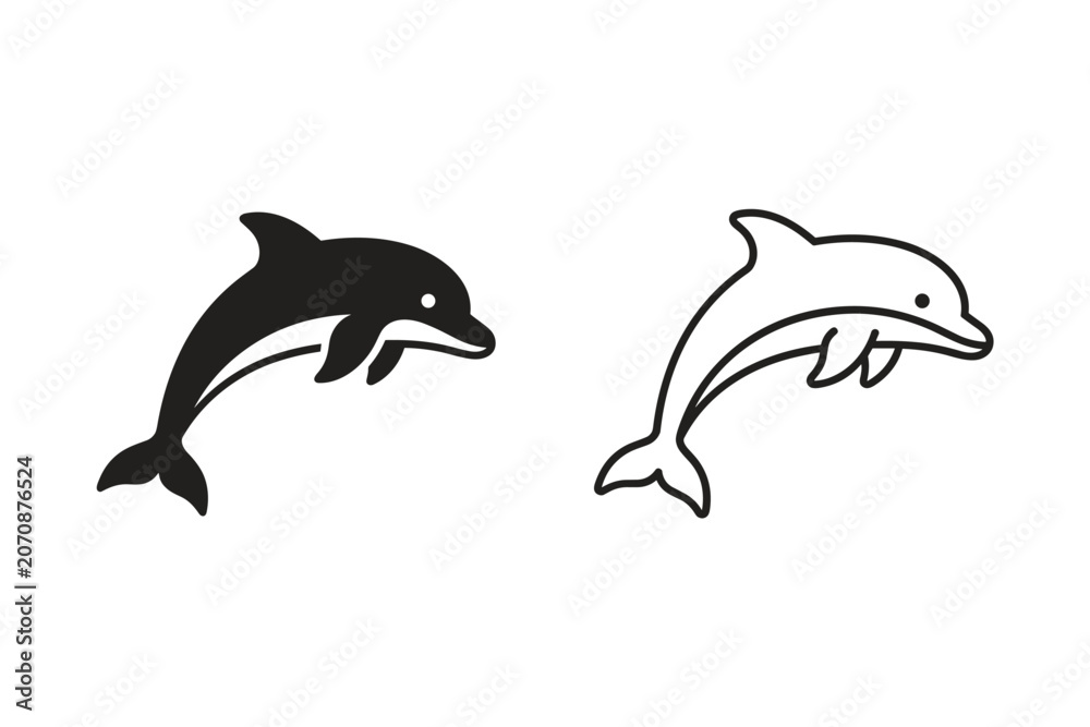 Naklejka premium Two stylized dolphins, one solid black and one outline, leaping