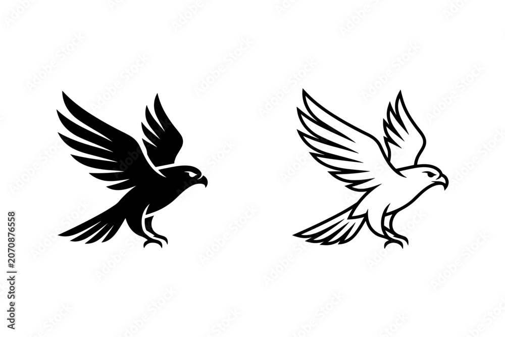 Fototapeta premium Stylized falcon in flight, presented in both silhouette and outline forms