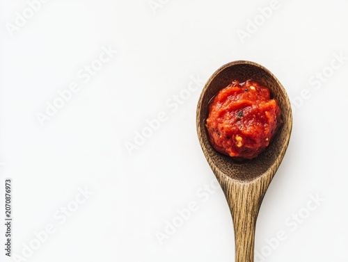 Tomato paste in a wooden spoon, shown alone on a white background. Everything is in focus.

