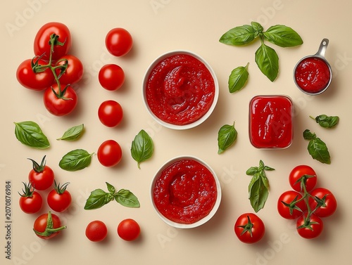 Tomato paste, sauce, ketchup, small tomatoes on stems, and basil are shown from above.
