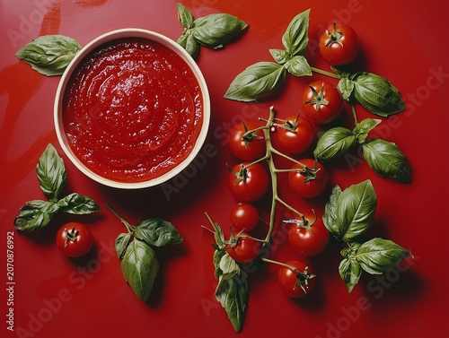 Tomato paste, sauce, ketchup, small tomatoes on stems, and basil are shown from above.
