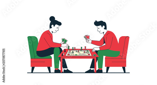Couple Playing Board Game Illustration - Man and Woman Sitting at Table with Cards and Pawns for Leisure Activity and Indoor Fun - Flat Vector Design