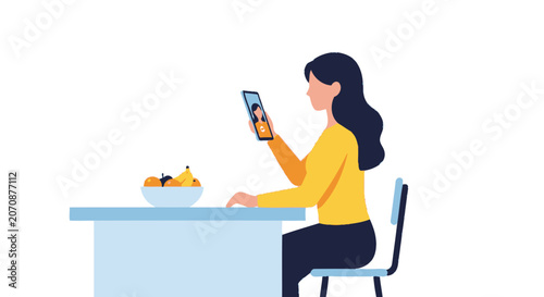 Woman Having Video Call on Smartphone While Sitting at Table with Fruit Bowl, Remote Communication and Digital Connection Illustration
