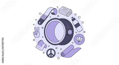 Minimalist Yoga and Wellness Accessories Illustration in Circular Layout - Flat Line Art Design