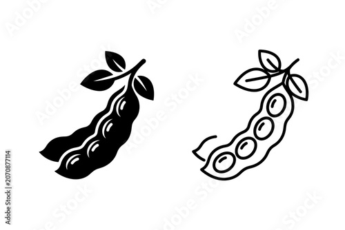 Two stylized icons of soybean pods with leaves, one solid black and one outline