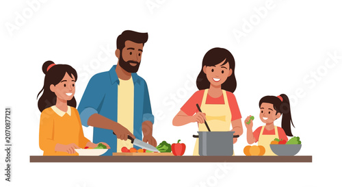 Happy Diverse Family Cooking Healthy Meal Together in the Kitchen - Flat Vector Illustration of Parents and Kids Preparing Food