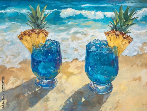 Two blue drinks with pineapple are on the beach.
