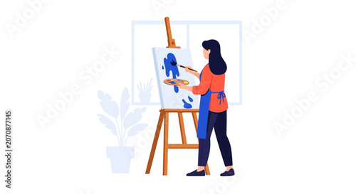 Creative Female Artist Painting on Canvas in Studio Flat Vector Illustration