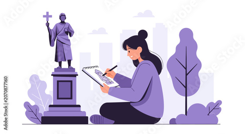 Young Female Artist Sketching a Historical Statue Monument in a City Park Flat Illustration